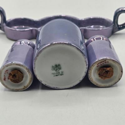 LOT 19: Vintage Japanese Lusterware Vase, Blue Lusterware Condiment Set Salt Pepper Sets, and More