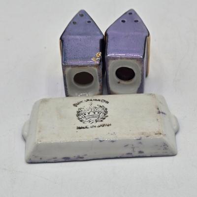 LOT 19: Vintage Japanese Lusterware Vase, Blue Lusterware Condiment Set Salt Pepper Sets, and More