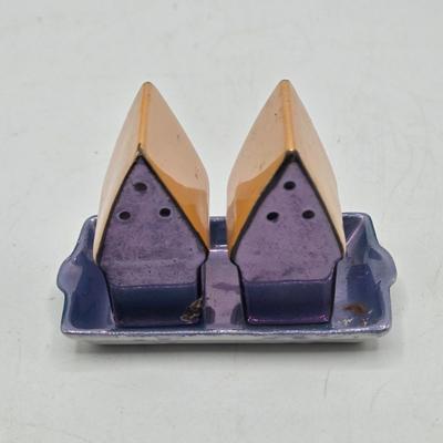 LOT 19: Vintage Japanese Lusterware Vase, Blue Lusterware Condiment Set Salt Pepper Sets, and More