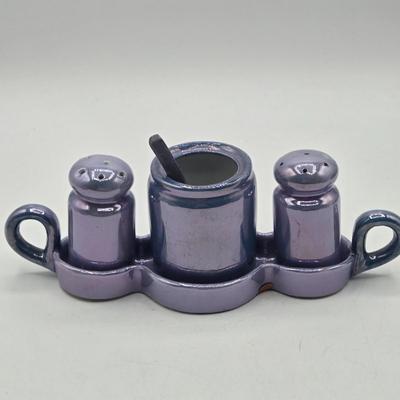 LOT 19: Vintage Japanese Lusterware Vase, Blue Lusterware Condiment Set Salt Pepper Sets, and More