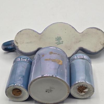 LOT 19: Vintage Japanese Lusterware Vase, Blue Lusterware Condiment Set Salt Pepper Sets, and More