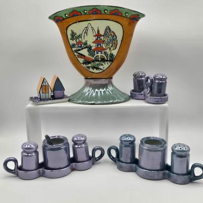 LOT 19: Vintage Japanese Lusterware Vase, Blue Lusterware Condiment Set Salt Pepper Sets, and More