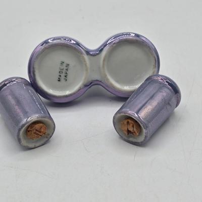 LOT 19: Vintage Japanese Lusterware Vase, Blue Lusterware Condiment Set Salt Pepper Sets, and More