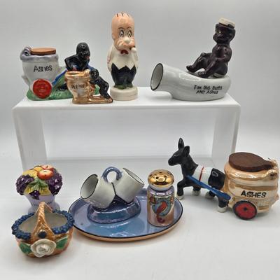 LOT 20: Vintage Silent Sam Adamson's Adventure Cartoon Character Salt Shaker, Vintage Ashtray Porcelain Baby on Bed Pan, and More