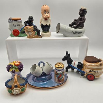 LOT 20: Vintage Silent Sam Adamson's Adventure Cartoon Character Salt Shaker, Vintage Ashtray Porcelain Baby on Bed Pan, and More