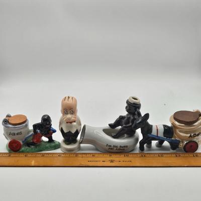 LOT 20: Vintage Silent Sam Adamson's Adventure Cartoon Character Salt Shaker, Vintage Ashtray Porcelain Baby on Bed Pan, and More