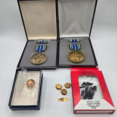 LOT 23J: Two Army Achievement Medals, WW2 US Army Honorable Discharge Buttonhole Lapel Pin Ruptured Duck Buttons, and More