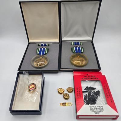 LOT 23J: Two Army Achievement Medals, WW2 US Army Honorable Discharge Buttonhole Lapel Pin Ruptured Duck Buttons, and More