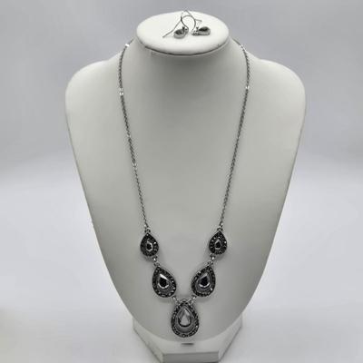 LOT 25J: Two Bracelet and Earrings Sets Made with Swarovski Elements, Liz Claiborne Black Teardrop Necklace with Matching Earrings, and More