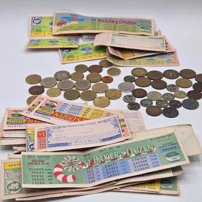 LOT 26J: Vintage Lottery Tickets, Collection of Euro Coins, and Philadelphia Transit Tokens