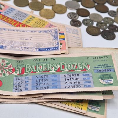 LOT 26J: Vintage Lottery Tickets, Collection of Euro Coins, and Philadelphia Transit Tokens
