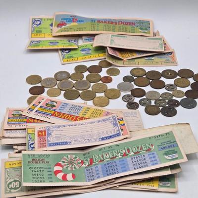 LOT 26J: Vintage Lottery Tickets, Collection of Euro Coins, and Philadelphia Transit Tokens