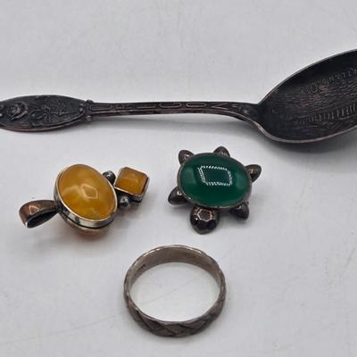 LOT 29J: Vintage Sterling Silver Turtle Pin, Pendant 13.35 gtw, and Silver Spoon 13.68 gtw