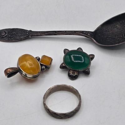 LOT 29J: Vintage Sterling Silver Turtle Pin, Pendant 13.35 gtw, and Silver Spoon 13.68 gtw