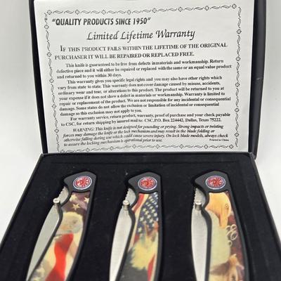 LOT 31J: NIB 3 Pocket Knives with Eagle Design, Buck Knife with Case, and More