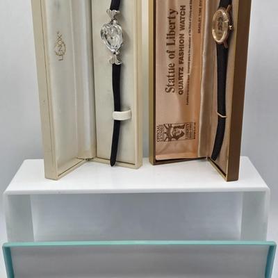 LOT 33J: Vintage Elgin Bradley Quartz Statue of Liberty Watch, Lenox Crystal Heart Watch, and Waltham Prestige Quartz Watch All in...