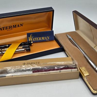 LOT 38J: Waterman Pen and Ink Cartridge Set, Cross 10k Gold-filled Ballpoint Pen, and Parker Fountain Pen