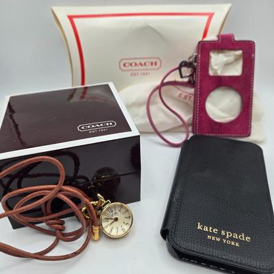 LOT 39J: Coach Pendant Watch, Kate Spade New York Wrap Folio Case for iPhone, Suede Coach iPod Case with a Heart Charm