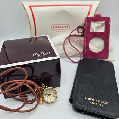 LOT 39J: Coach Pendant Watch, Kate Spade New York Wrap Folio Case for iPhone, Suede Coach iPod Case with a Heart Charm