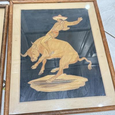 LOT 79: Signed Intricate Artwork - Bull Riding / Fighting