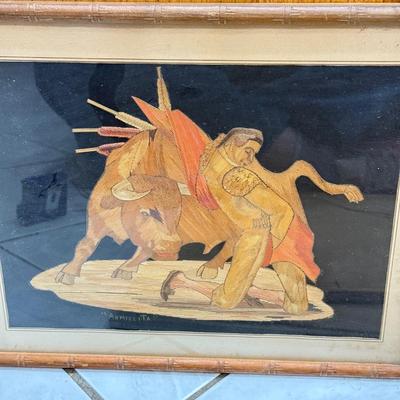 LOT 79: Signed Intricate Artwork - Bull Riding / Fighting