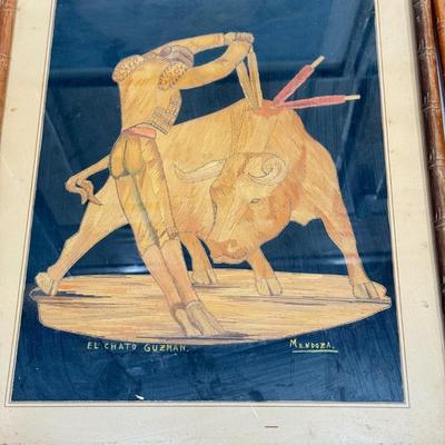 LOT 79: Signed Intricate Artwork - Bull Riding / Fighting