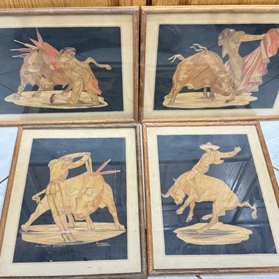 LOT 79: Signed Intricate Artwork - Bull Riding / Fighting