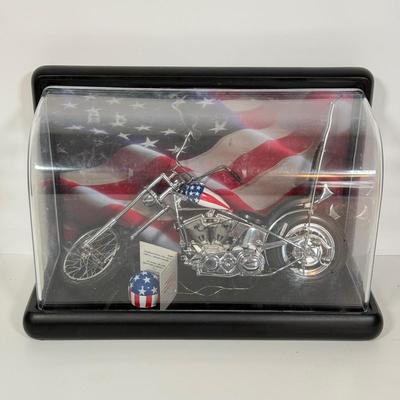 LOT 81: The Franklin Mint Motorcycle Models w/ COAs & American Flag Motorcycle Model w/ Helmet & Display Case