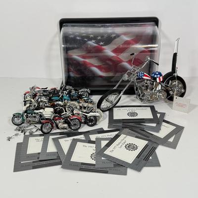 LOT 81: The Franklin Mint Motorcycle Models w/ COAs & American Flag Motorcycle Model w/ Helmet & Display Case