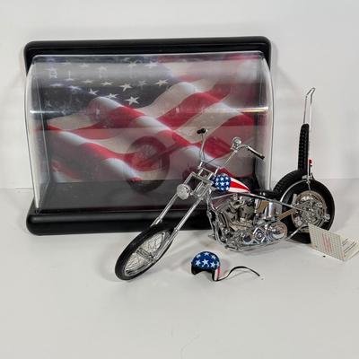 LOT 81: The Franklin Mint Motorcycle Models w/ COAs & American Flag Motorcycle Model w/ Helmet & Display Case