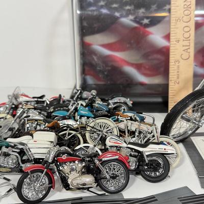 LOT 81: The Franklin Mint Motorcycle Models w/ COAs & American Flag Motorcycle Model w/ Helmet & Display Case