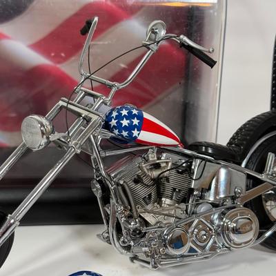 LOT 81: The Franklin Mint Motorcycle Models w/ COAs & American Flag Motorcycle Model w/ Helmet & Display Case