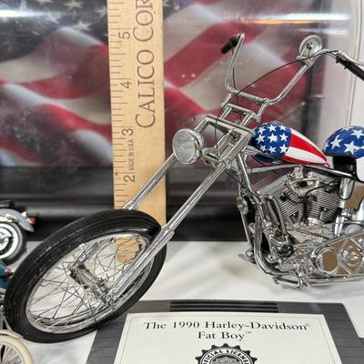 LOT 81: The Franklin Mint Motorcycle Models w/ COAs & American Flag Motorcycle Model w/ Helmet & Display Case