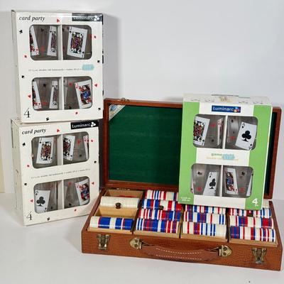 LOT 91: Three Luminarc NIB Card Party Glass Sets & Set of Poker Chips in Case