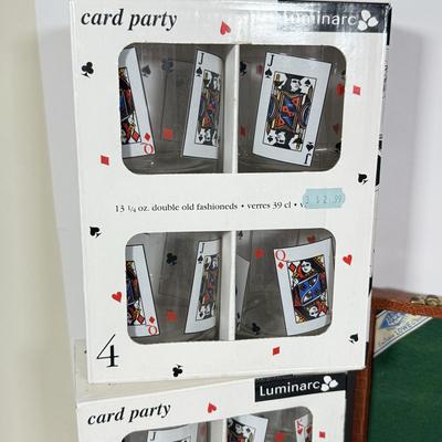 LOT 91: Three Luminarc NIB Card Party Glass Sets & Set of Poker Chips in Case