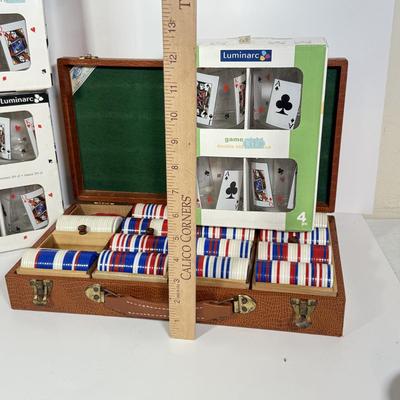 LOT 91: Three Luminarc NIB Card Party Glass Sets & Set of Poker Chips in Case