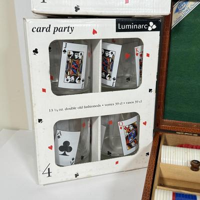 LOT 91: Three Luminarc NIB Card Party Glass Sets & Set of Poker Chips in Case