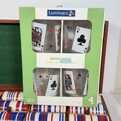 LOT 91: Three Luminarc NIB Card Party Glass Sets & Set of Poker Chips in Case