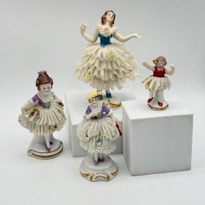 LOT 100: Dresden Doll Style Porcelain Figures, Wall Mounted Victorian Lady w/ Bird & More