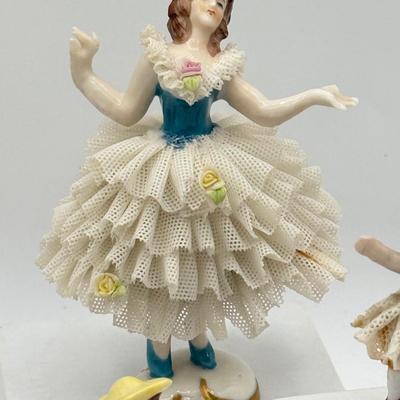 LOT 100: Dresden Doll Style Porcelain Figures, Wall Mounted Victorian Lady w/ Bird & More