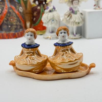 LOT 100: Dresden Doll Style Porcelain Figures, Wall Mounted Victorian Lady w/ Bird & More