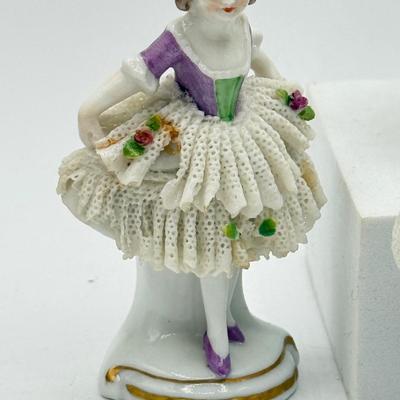 LOT 100: Dresden Doll Style Porcelain Figures, Wall Mounted Victorian Lady w/ Bird & More