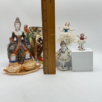 LOT 100: Dresden Doll Style Porcelain Figures, Wall Mounted Victorian Lady w/ Bird & More
