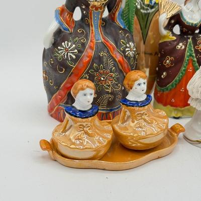 LOT 100: Dresden Doll Style Porcelain Figures, Wall Mounted Victorian Lady w/ Bird & More