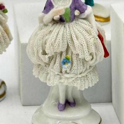 LOT 100: Dresden Doll Style Porcelain Figures, Wall Mounted Victorian Lady w/ Bird & More