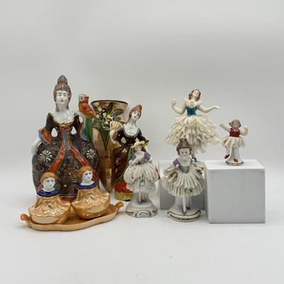 LOT 100: Dresden Doll Style Porcelain Figures, Wall Mounted Victorian Lady w/ Bird & More