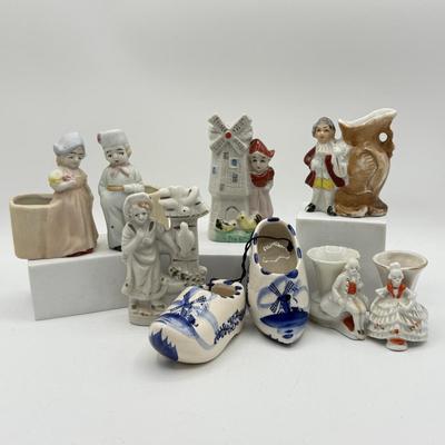 LOT 101: Porcelain Figurines: Victorian Figures, Delft Style Clogs & Windmill