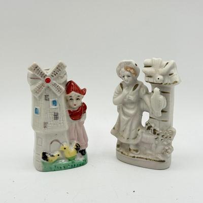 LOT 101: Porcelain Figurines: Victorian Figures, Delft Style Clogs & Windmill