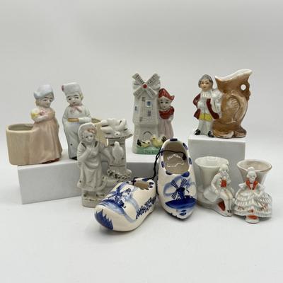 LOT 101: Porcelain Figurines: Victorian Figures, Delft Style Clogs & Windmill