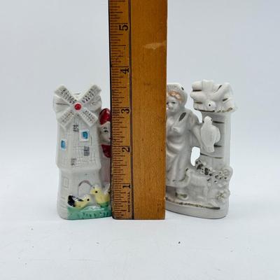 LOT 101: Porcelain Figurines: Victorian Figures, Delft Style Clogs & Windmill